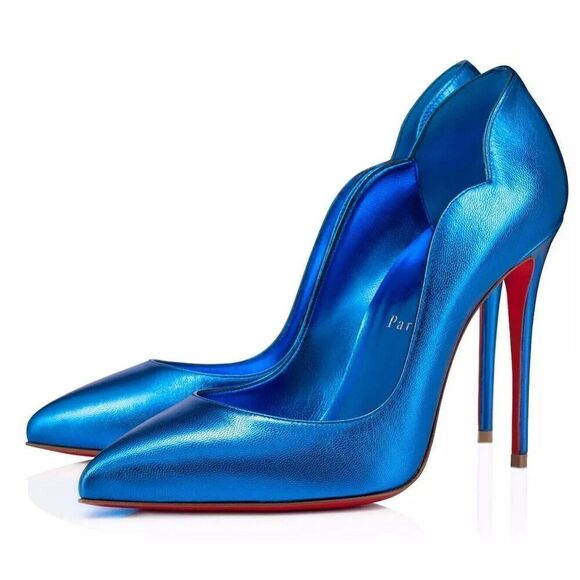 CHRISTIAN LOUBOUTIN Hot Chick 100 Kid Laminato Metallic Alize Blue Pumps 37 - Picture 4 of 7